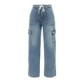 thumbnail image 4 of Cargo Jeans for Women Straight Leg High Waisted Drawstring Solid Color Straight Leg Stretch Denim Pants with Pockets Lightweight Casual Trousers, 4 of 5