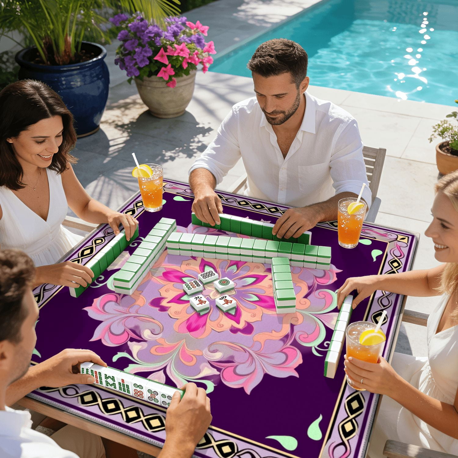 Mahjong Mat 31.5" x 31.5" Floral Mandala Pink Purple Pastel Accents Dark Non-Slip Noise Reduction American Mahjong Tiles Table Cover for Dominoes Poker Card Board Games Gift