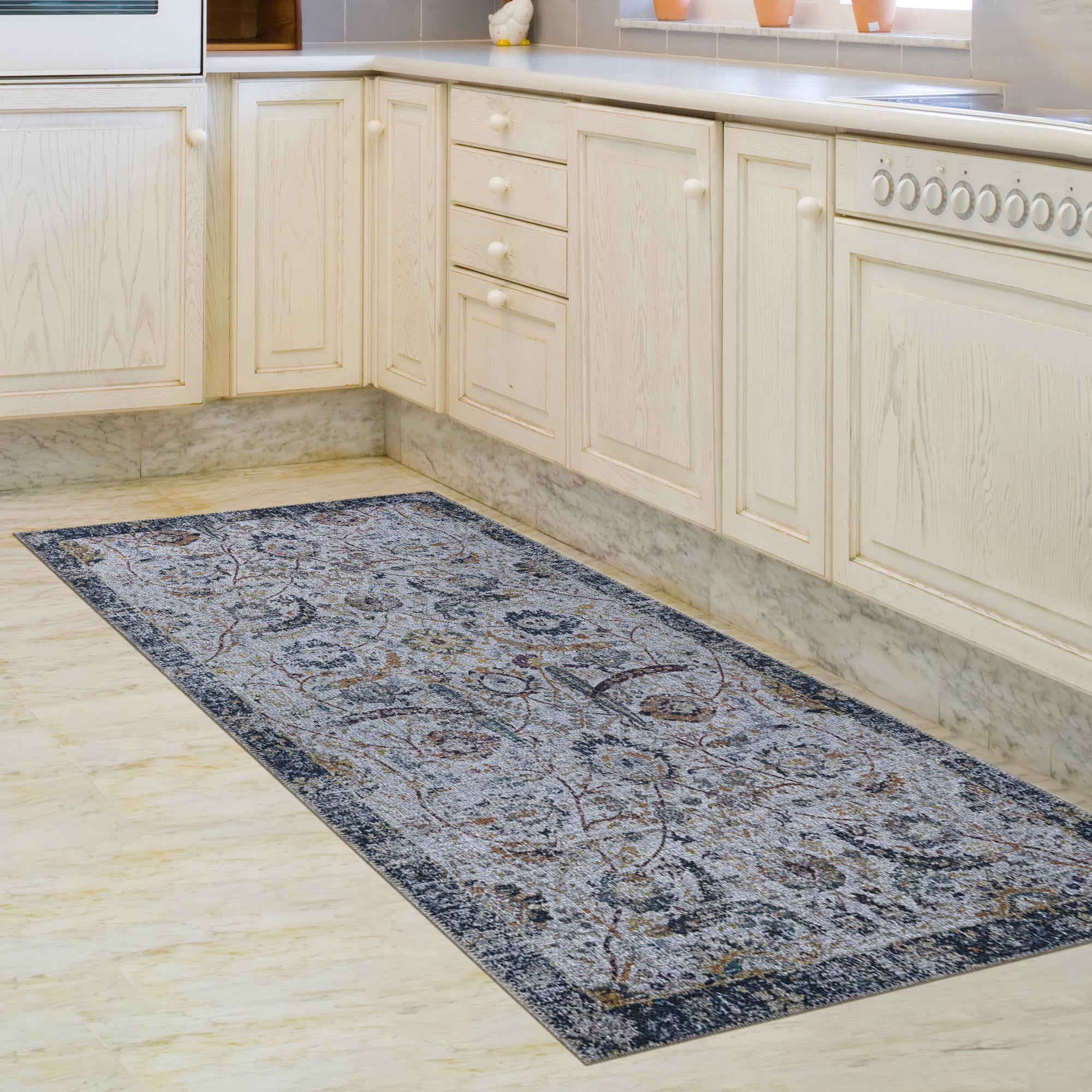 Ottomanson Machine Washable Cotton 3x6 Flatweave Runner Rug for Bedroom, 2'7" x 6', Gray/Blue Floral