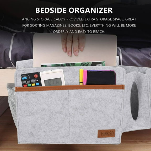 Bedside Organizer, Felt Bed Storage with Tissue Box and Water Bottle Holder, Magazine Phone Tablet - Light Gray