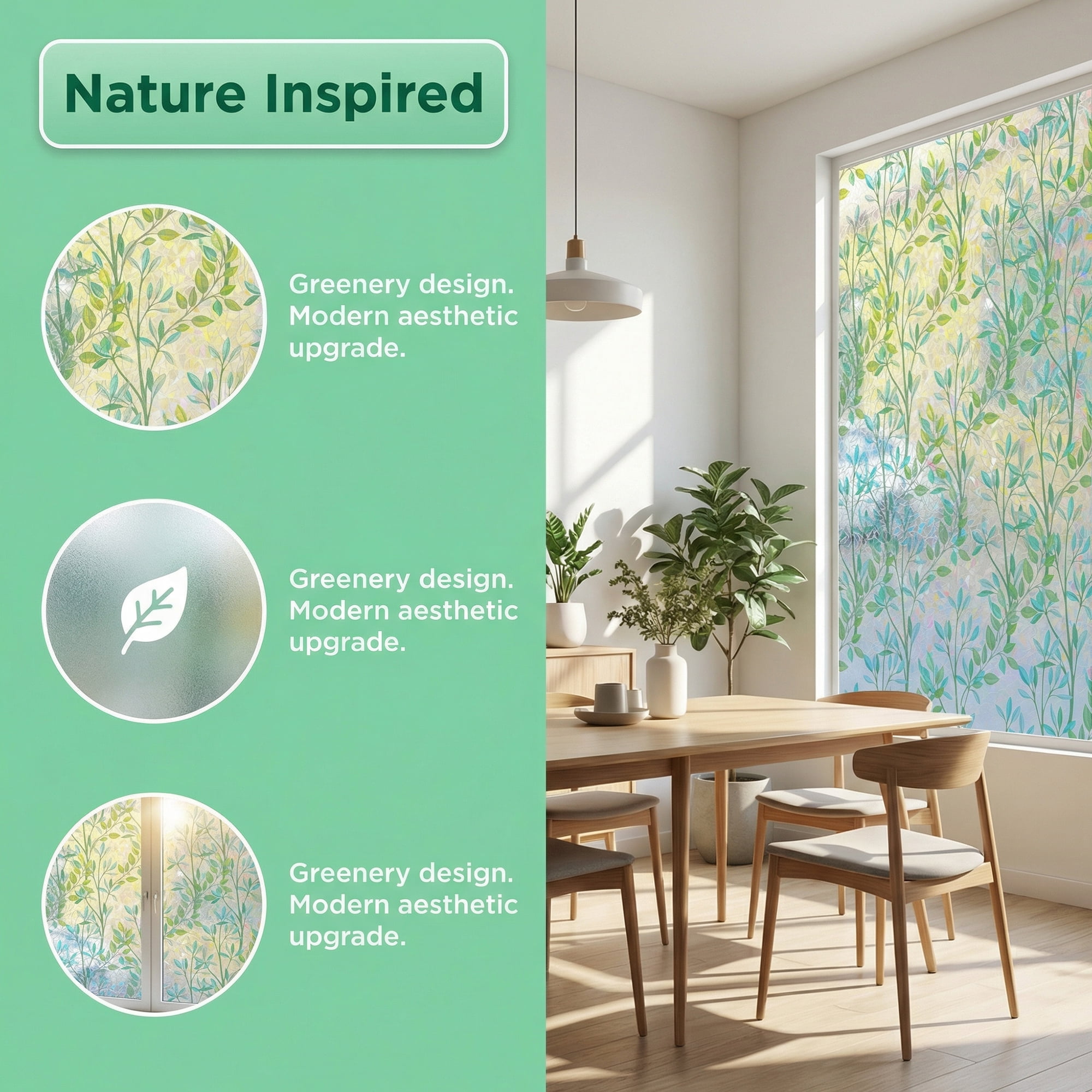 Unique Bargains Static Cling Floral 3D Prism Window Privacy Film Green 39.4" x 23.6"