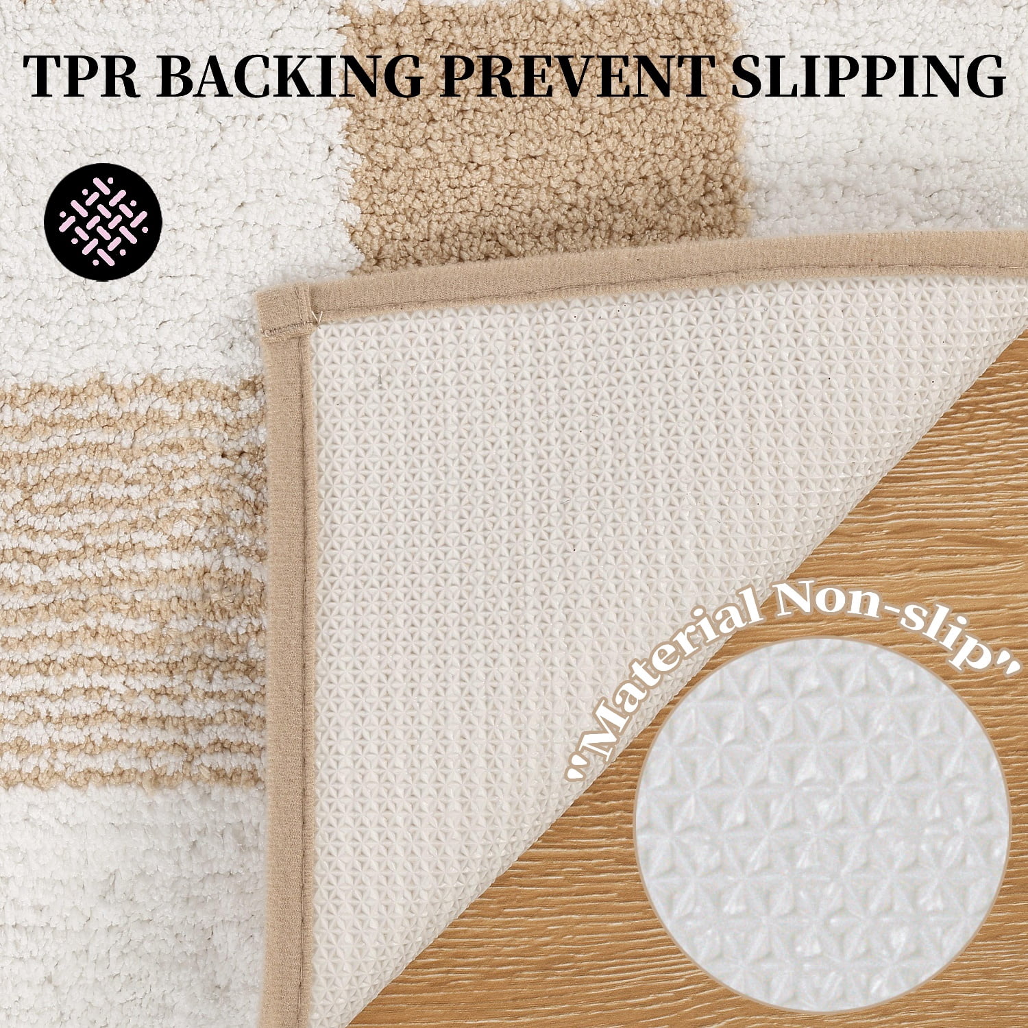 Bathroom Rugs, Yamaziot Checkered Beige Bath Rugs Runner with Toilet Mat, Non Slip Water Absorbent Microfiber, 3 Count