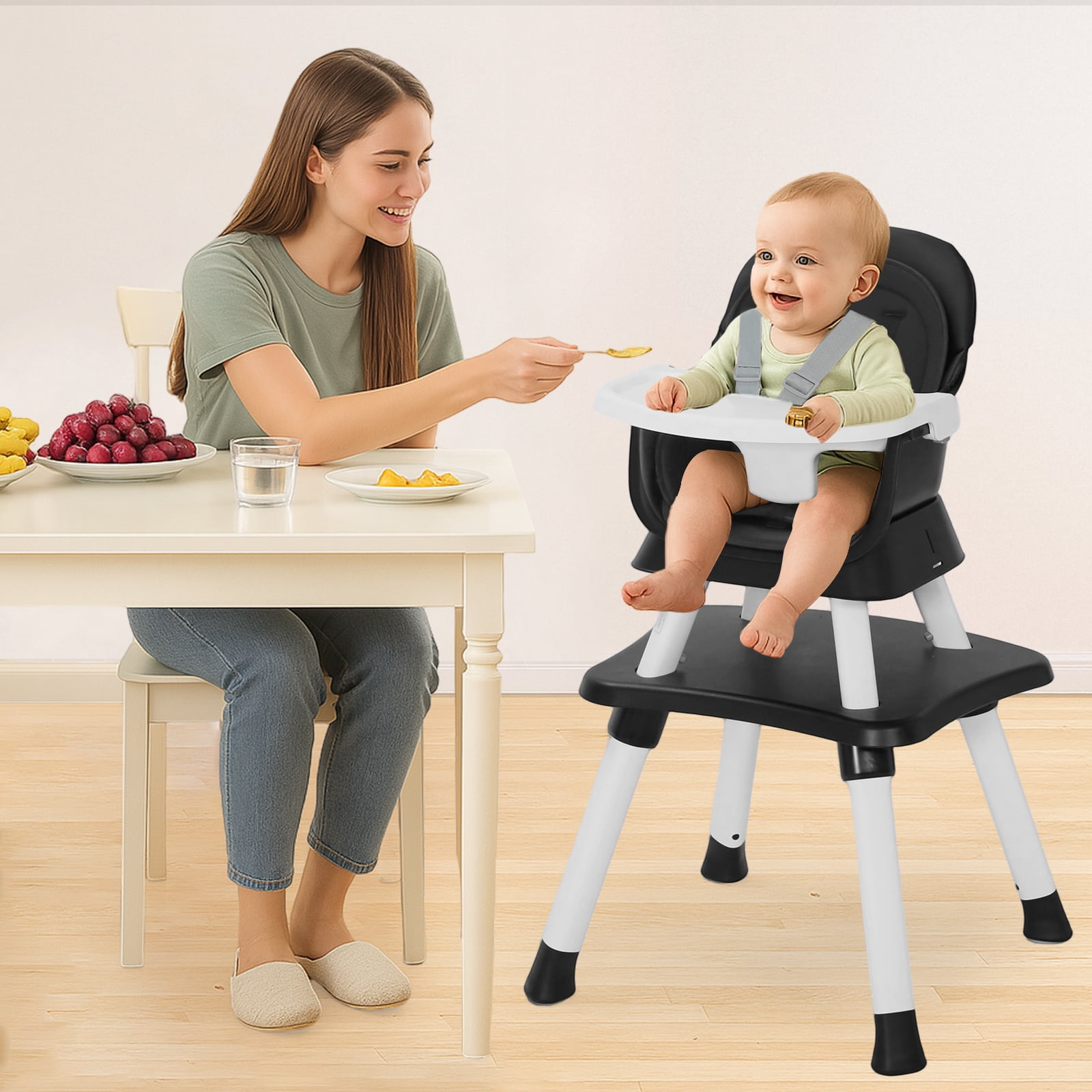 AILEEKISS 8-in-1 Baby High Chair, Toddler Booster Seat with Dishwasher-Safe Tray, Black