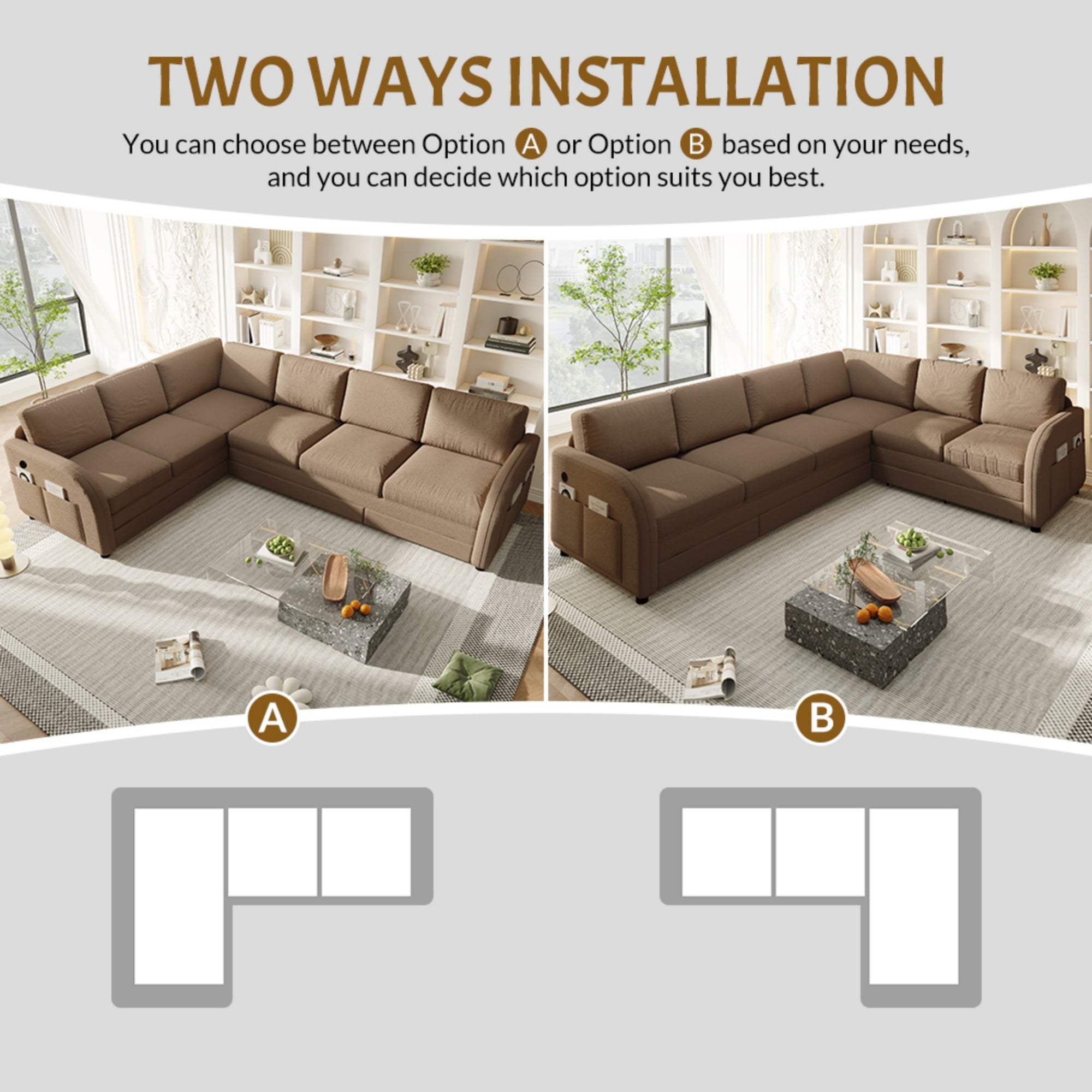 LLappuil Sectional Sofa, 115" Sectional Couch with Pull Out Sofa Bed King Size, 6 Seat Teddy Sofa Convertible Sofa Bed for Living Room Brown
