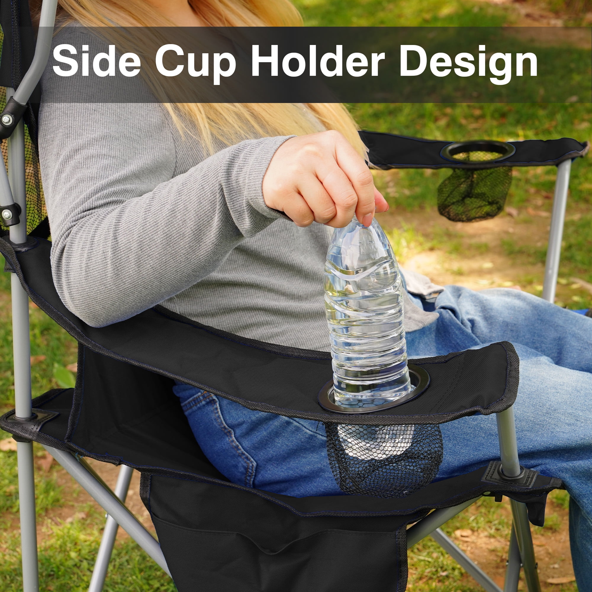 FlexWave Folding Camp Chair，Portable Outdoor Chair，with Shade & Cup Holder，for Camping, Beach, Fishing, and Sports Events