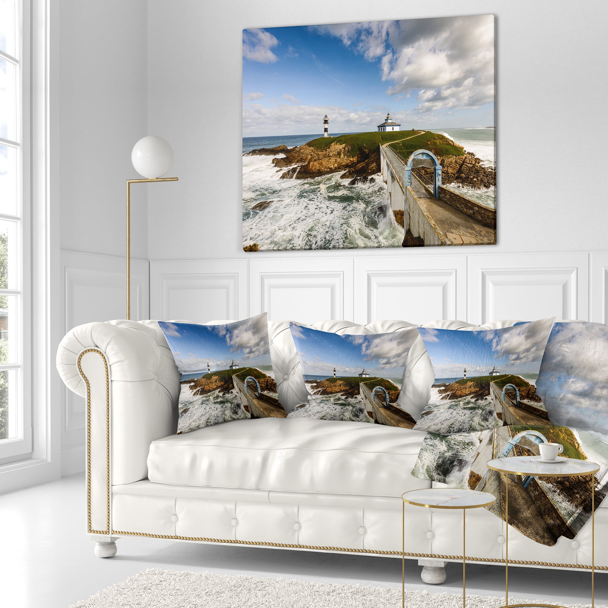 Designart Bright Illa Pancha Lighthouse - Seashore Photo Throw Pillow - 18x18