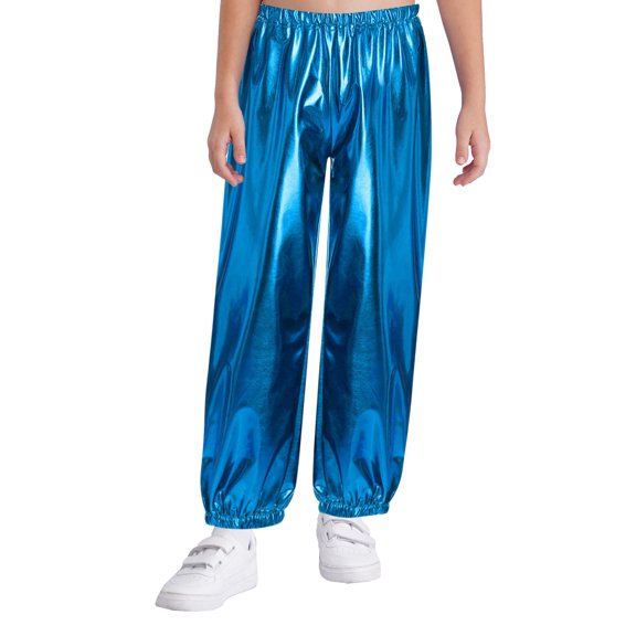 Xnihocha Kids Girls Boys Trousers Metallic Sparkle Hip Hop Jazz Modern Dance Pants Loose Fit Streetwear Light Blue 160