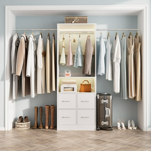 Homieasy 25 - 104 Inch Closet Organizer System, Walk in Clothes Rack with 4 Fabric Drawers and 3 Hanging Rods, Garment Rack Wardrobe Rack for Closet, Bedroom, White