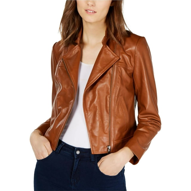Michael Kors Womens Leather Motorcycle Jacket, Brown, Petite, P/PS