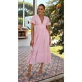 thumbnail image 2 of Women'S Elegant V Neck Solid Puff Sleeve Button Lady Beach Party Dress Pink S, 2 of 8