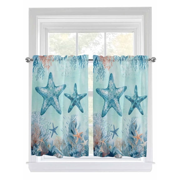 Coastal Starfish Blue Living Room Curtains 2 Panel, Summer Beach Nautical Coral Cafe Window Treatment, Farmhouse Bedroom Bathroom Kitchen Curtains Drapes 104"x54"