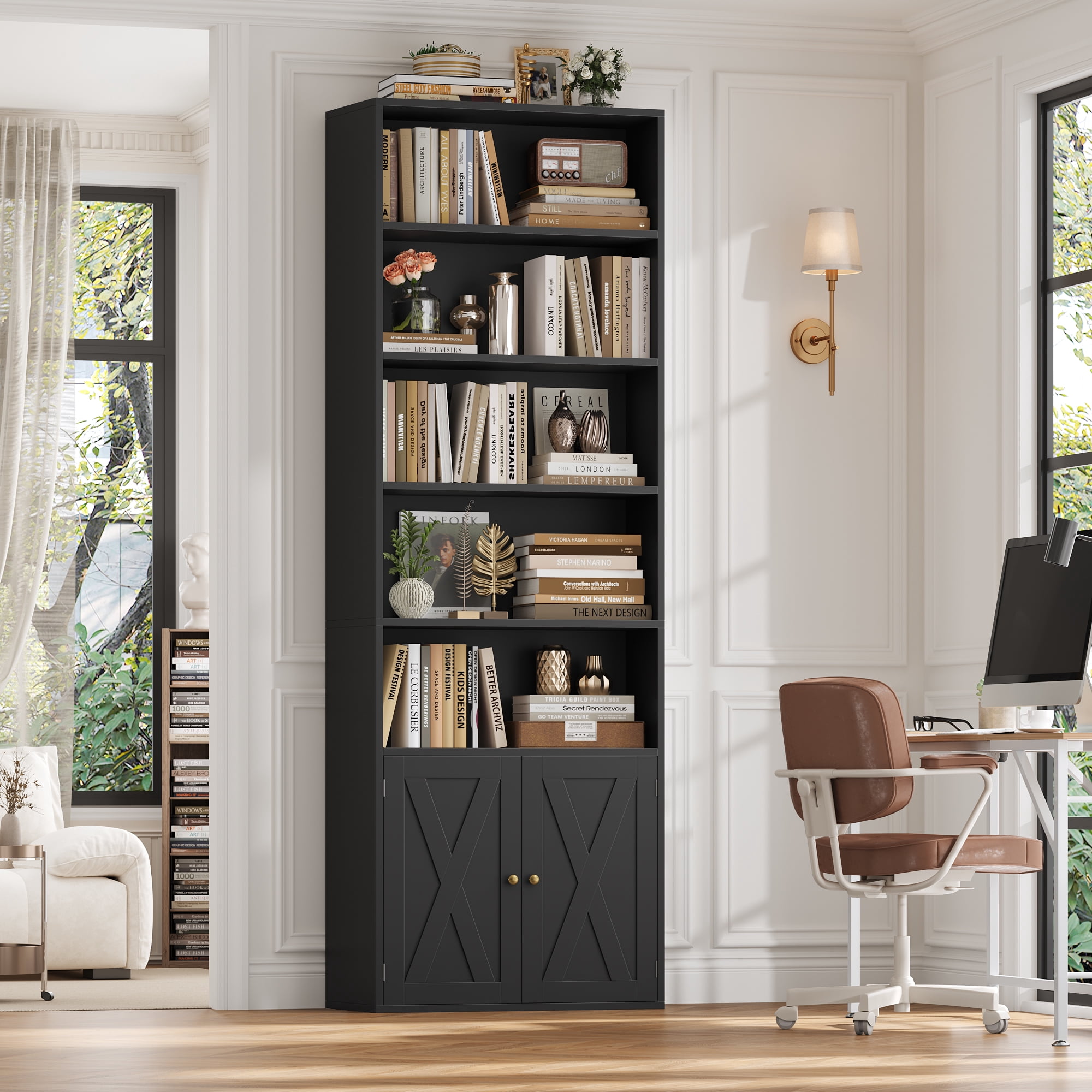 Hiphuta 81.5" Tall Bookcase with Doors, 5-Tier Bookshelves with Storage, 23.6"W Display Shelf with 2 Doors for Home Office, Living Room, Black