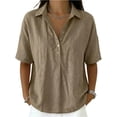 thumbnail image 3 of Nestiefly Women’s Cotton Linen Polo Shirt Casual Short Sleeve Summer Top Thin Short Sleeve Button Down Shirts Blouses 2026 Khaki L, 3 of 7