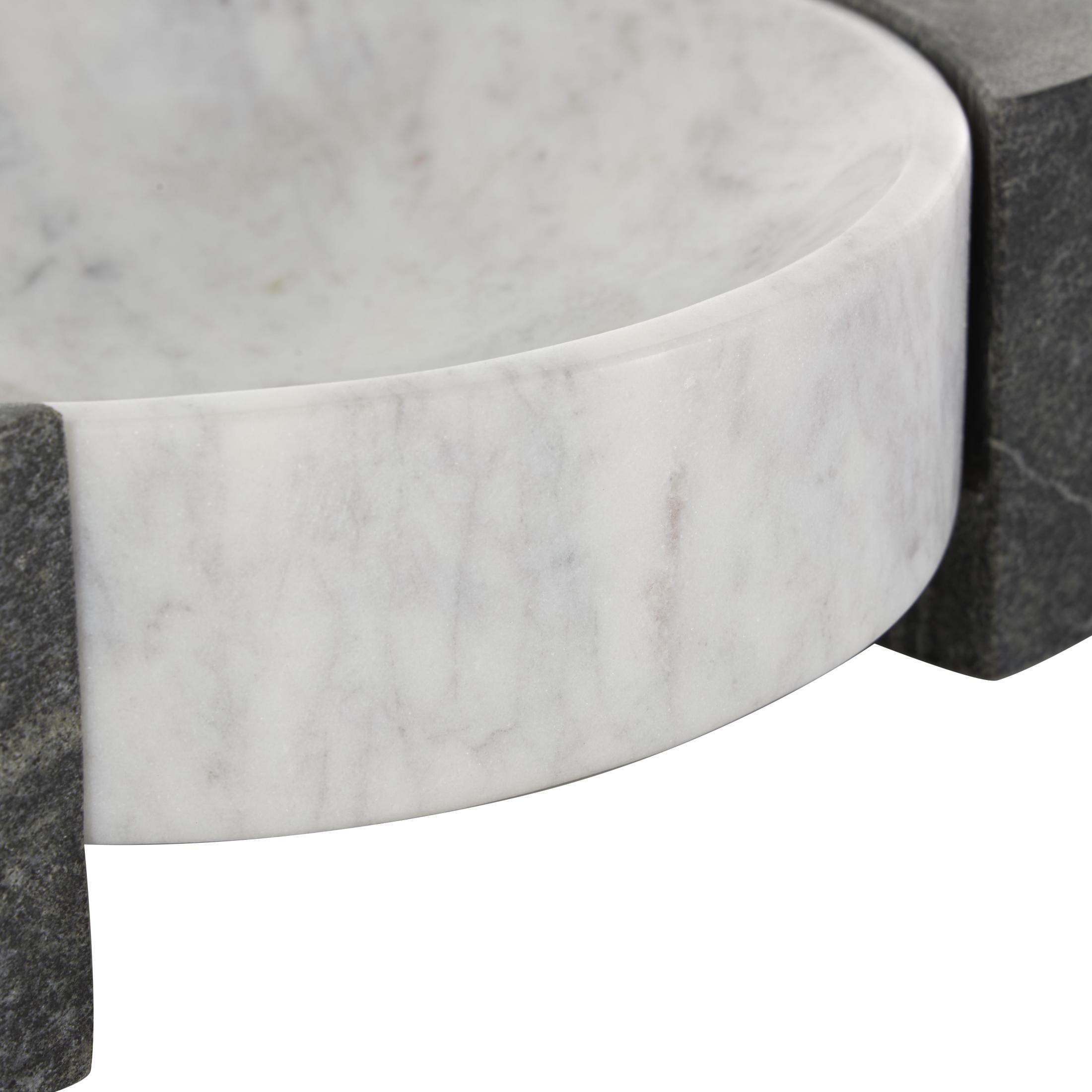 DecMode 10" x 8" White Marble Round Geometric Tray with Black Rectangular Blocks, 1-Piece