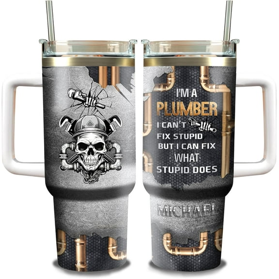 Personalized Plumber 40oz Tumbler with Handle and Straw Lid Custom Name Double Wall Vacuum Tumblers Insulated Cup Fathers Day Birthday Gift for Man Father Him Plumbers Husband