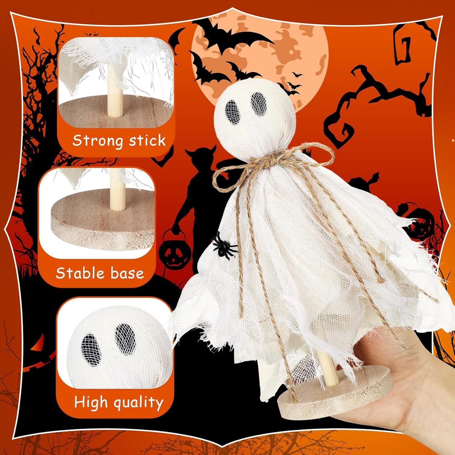 3 Pcs Halloween Decorations Indoor Primitive Halloween Ghost on Wooden Stand Spooky Ghost Tiered Tray Decor Rustic Table Centerpiece for Home Office Mantel Shelf Party Supplies(Beige)