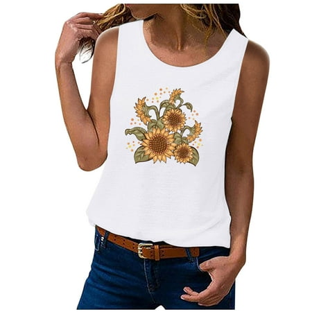 

Women s Casual Crewneck Sunflower Print Camisole Corset Tops For Women White XXL