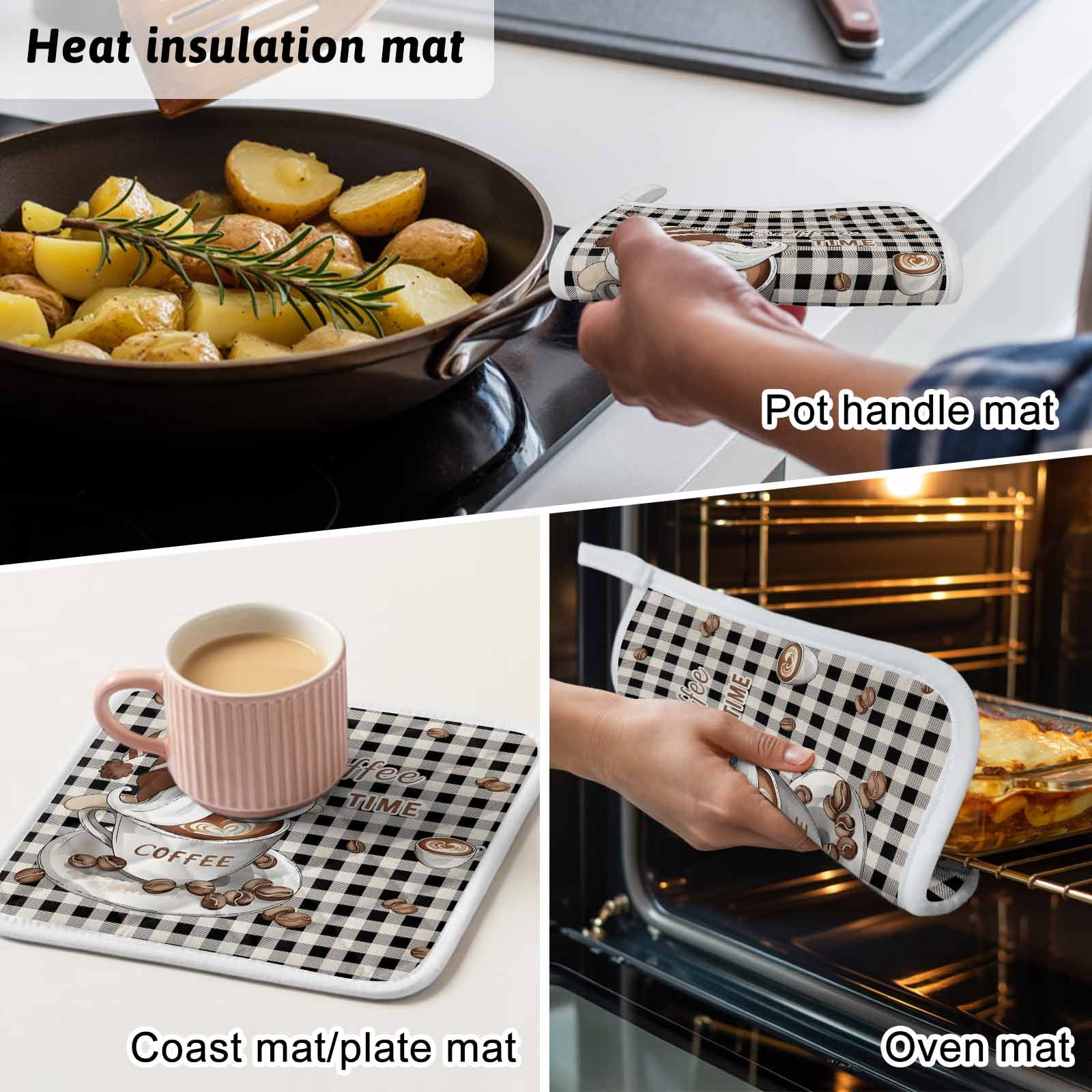 Coffee Gnomes Pot Holders for Kitchen Heatproof Potholder, 5 Pack Farmhouse Brown Bean Plaid Black Grey Hot Pads Multipurpose Oven Pads Cloth Potholders Trivet for Cooking Baking