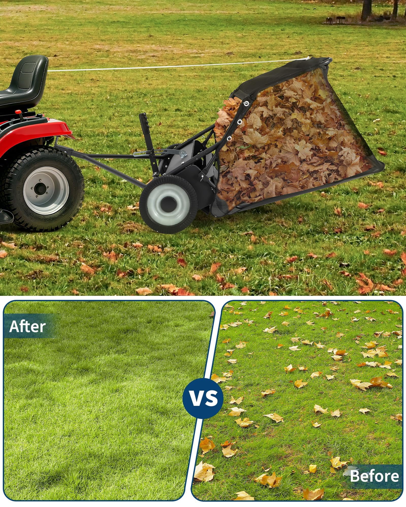 Lawn Sweeper Tow Behind with 42" Wide Sweeping Width, 21 Cu.Ft Large Hopper Capacity, Tool-Free Adjustable Sweeping Height, for Tractor ATV UTV, and Quick Assembly