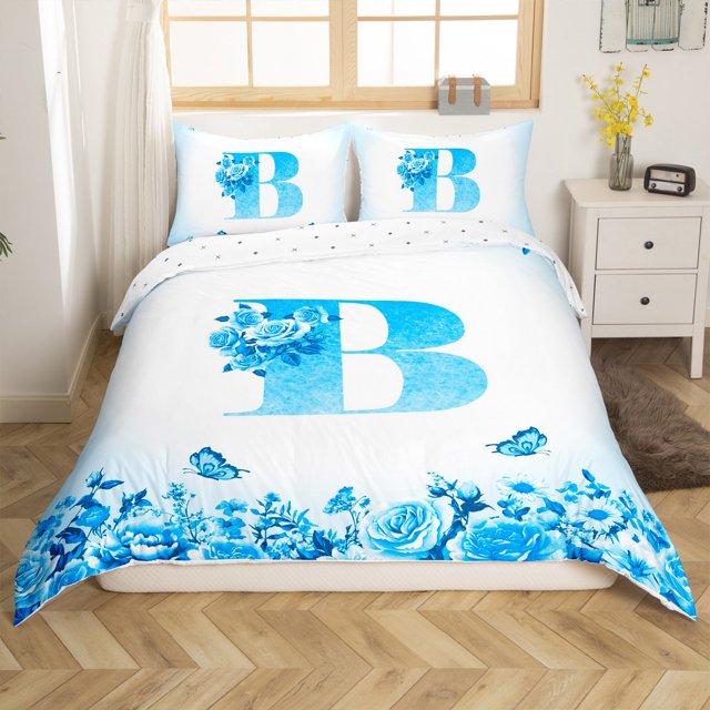 Erosebridal Housse de Couette Lettre Initiale Simple, Literie Personnalisée Monogrammée Taille Simple, Déco Florale, Réversible, Respirante, 2 Pcs (Sans Couette)