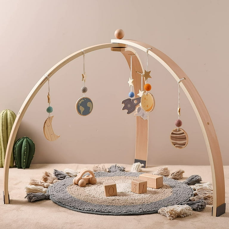 HAN-MM Wooden Baby Gym with 6 Wooden Baby Toys Foldable Baby Play Gym Frame  Activity Gym Hanging Bar Newborn Gift Baby Girl and Boy Gym (Natural