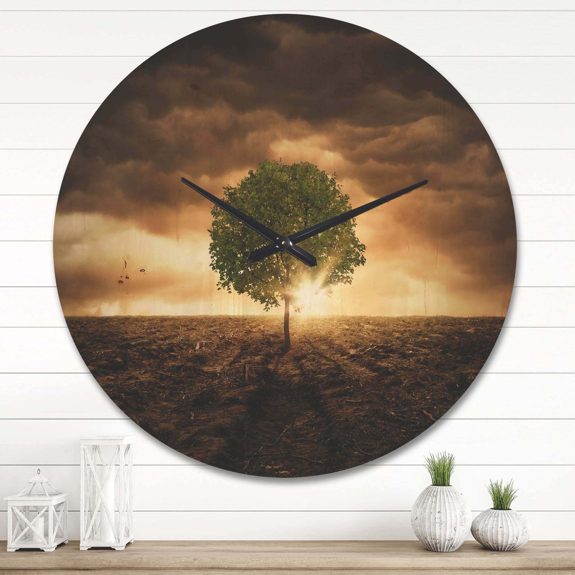 Designart 'Lonely Tree under Dramatic Sky at Evening Glow' Modern Wood Wall Clock
