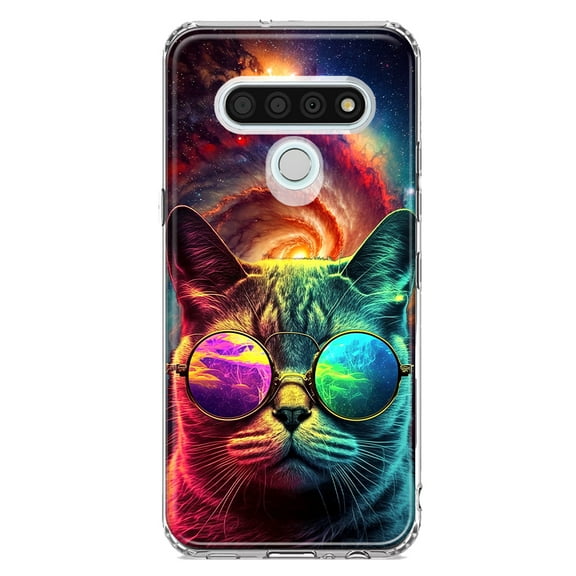 MUNDAZE LG Stylo 6 Neon Rainbow Galaxy Cat Shockproof Clear Hybrid Protective Phone Case Cover