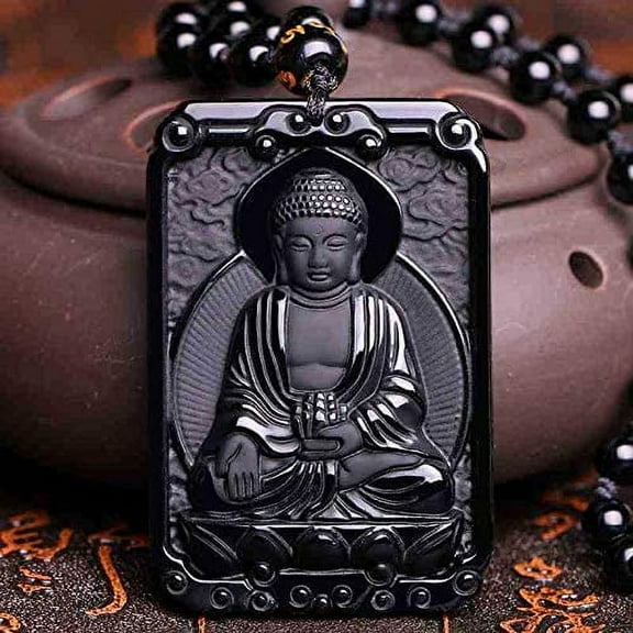 Black Obsidian Buddha Jade Pendant, Zodiac Bodhisattva Amulet Talisman,Healing Crystal Stone Amulet Pendant (Include Certificate)