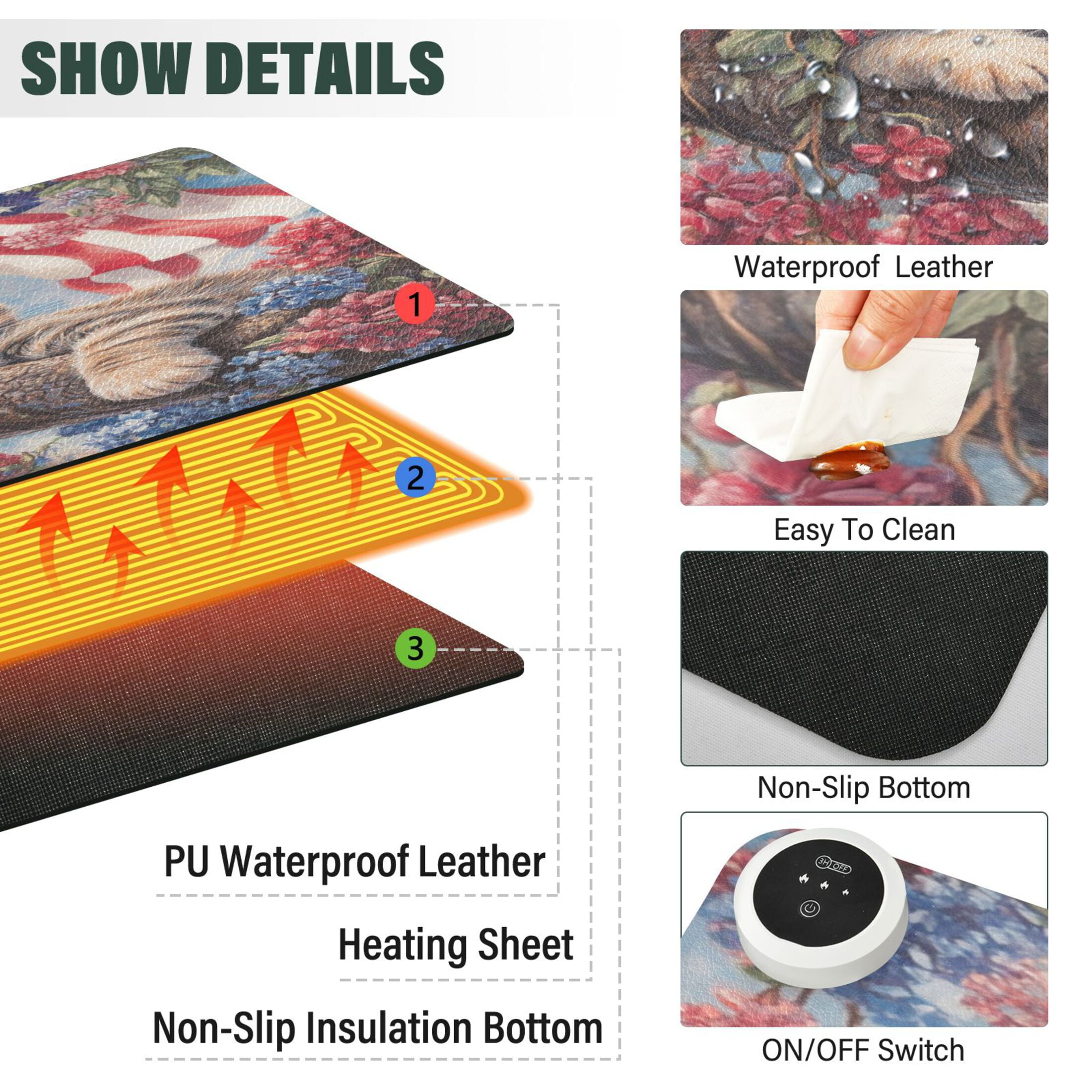 Wobogo 4th Of July Cat Heated Mouse Pad Extra-Large Desk Mat With 3 Heating Levels and 3-hour Auto Shut-Off Protection Ideal for Computer Keyboards Home Office Hand-warming Essential 31.5in × 13in