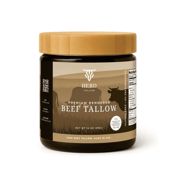 Herd Tallow Pure Beef Tallow 14oz Jar - Rendered Fat for Cooking, Paleo, Keto-Friendly