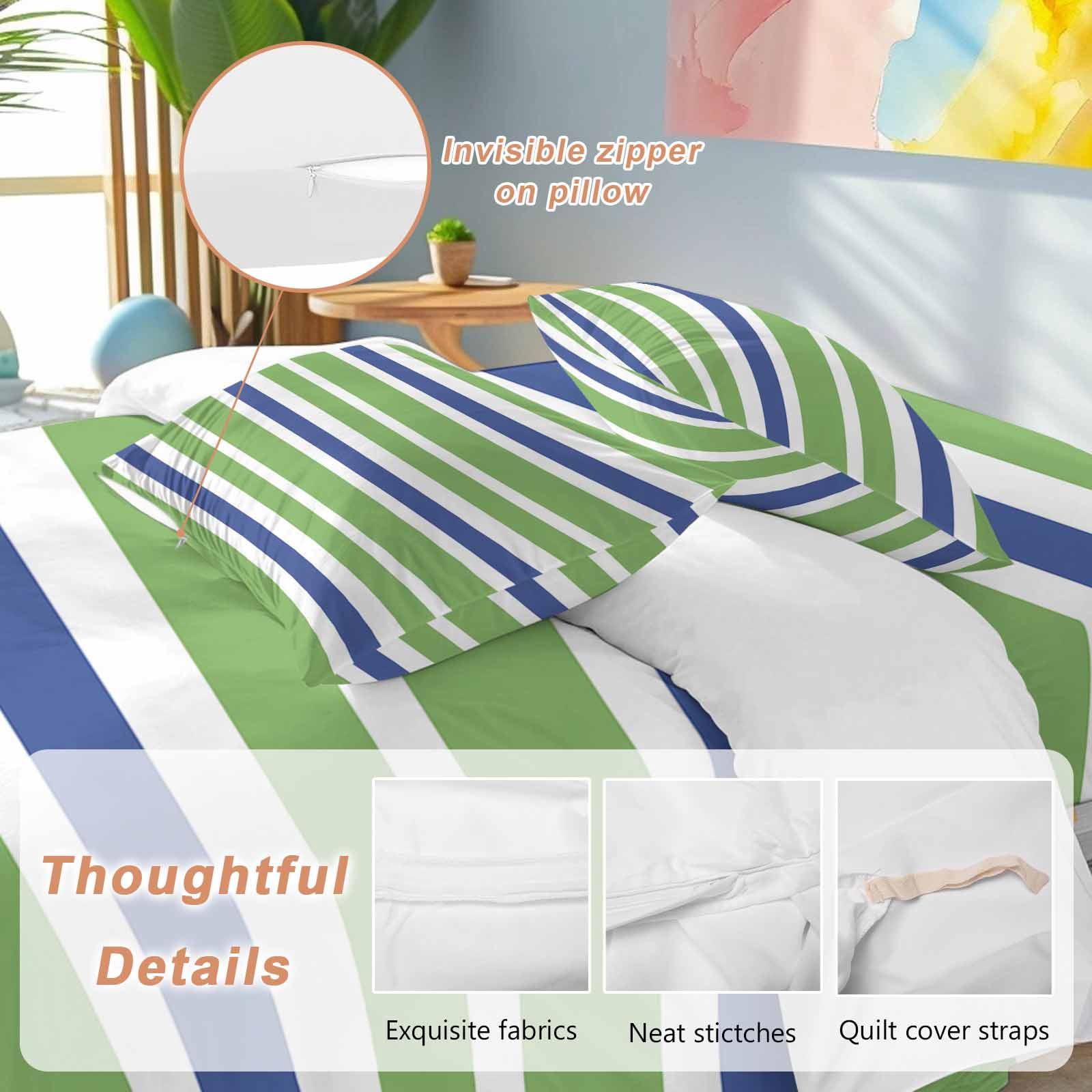 Green Blue Bedding Duvet Cover Set King Size 4 Pieces White Stripe Soft Twill Plush Quilt Cover, Include 1 Duvet Cover 1 Flat Sheet And 2 Pillow