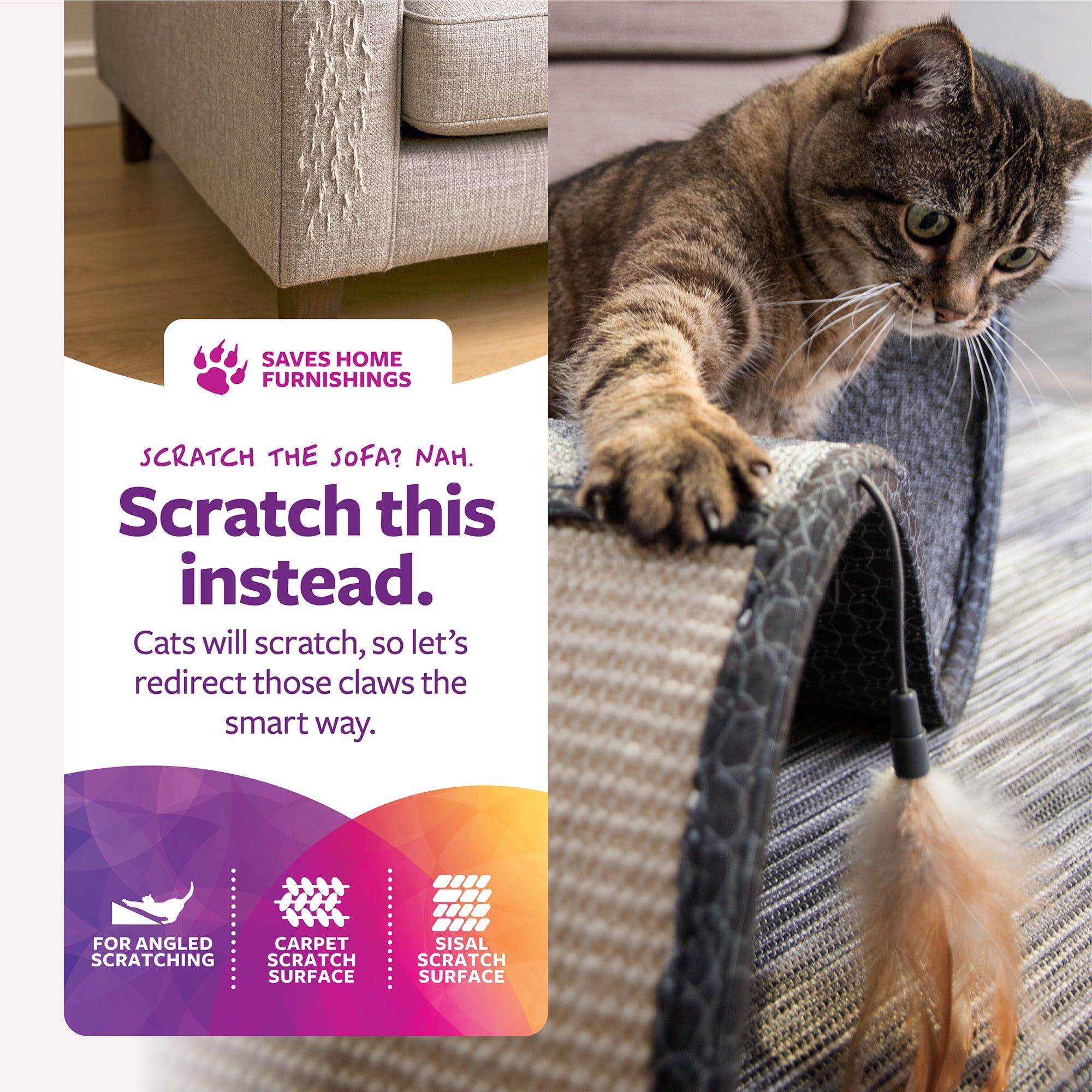 SmartyKat Scratch Scroll Sisal & Carpet Curled Cat Scratcher for Indoor Cats & Kittens, Features Feather Toy for Play, Looped Carpet Material, Gray