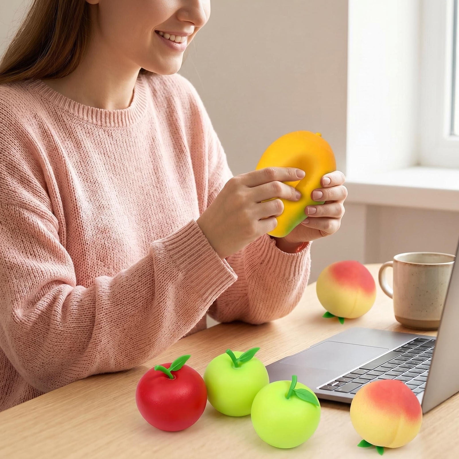 6-Pack Fruit Shaped Stress Squishy Toys, Slow Rising PU Squeeze Realistic Apple Peach Mango Themed Anxiety Relief Fidget, Kitchen Decor Props, Stress Management Gift