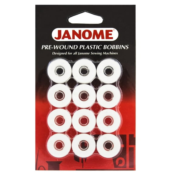 Janome 12 Pack Pre-Wound Plastic Bobbins White Thread