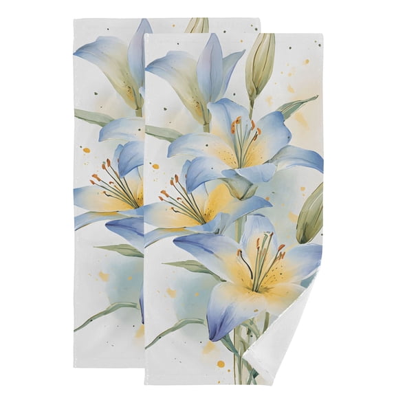 2-Piece Polyester cotton Towel Set Absorbent Bouquet Blue Lilies Watercolor Hand Towel Bath Towel Soft and Comfortable Machine Wash 28.3x14.4