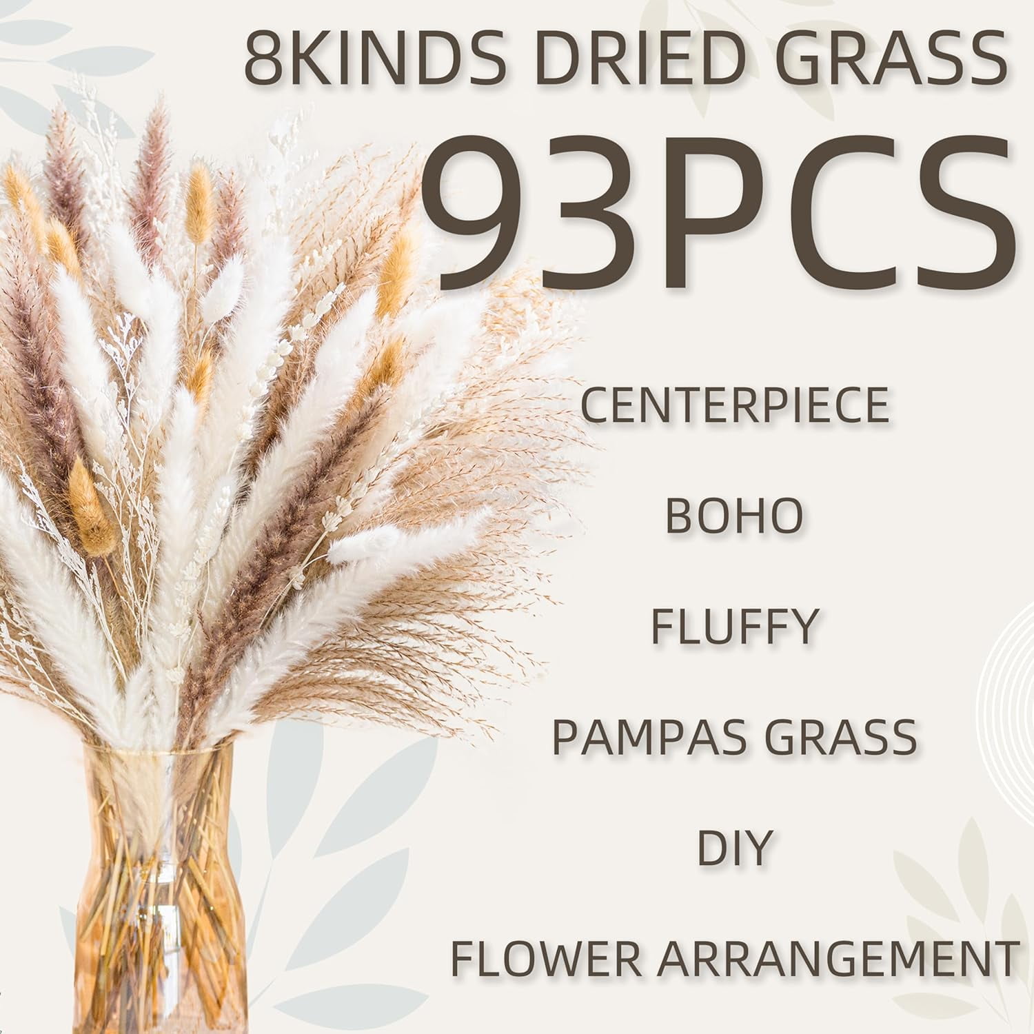 150PCS Natural Pampas Grass 8-Kind Mixed Bouquet | Dried Pampas Bouquet for Wedding, Boho Flowers, Home Table & Desk Decor, Rustic Farmhouse Decor