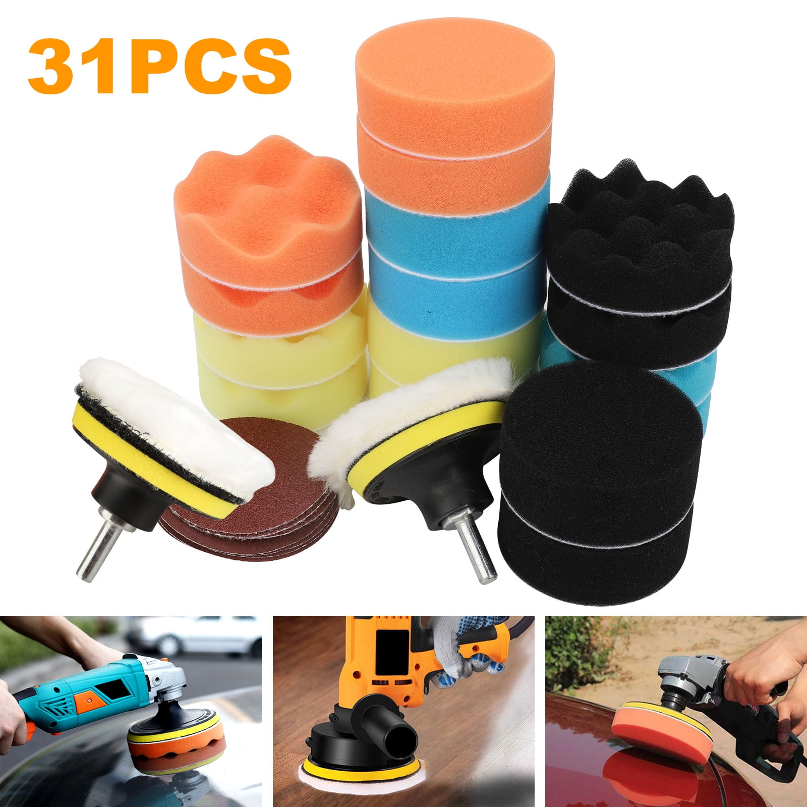 6pc 3 Foam Polishing Pad with 3 Hook and Loop Pad & 1/4 Shank Drill Adapter 