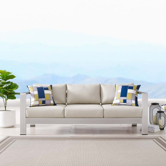 Modway Shore Outdoor Patio Aluminum Sofa in Silver Beige