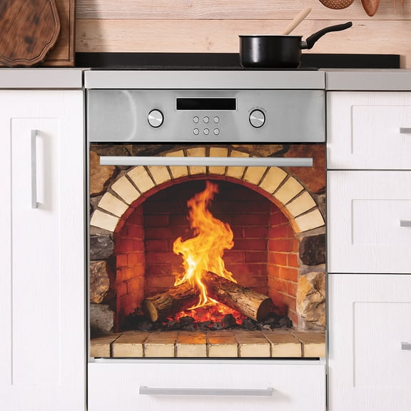 3D Fireplace Wall Sticker, Realistic Brick & Stone Design with Burning Logs, Removable Self-Adhesive PVC Decal for Wall, Thanksgiving Day Christmas Decor,22x22 In