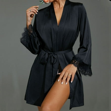 Wyongtao Women s Satin Robe Valentines Lingerie for Women Kimono Bathrobe Short Ruffle Belted Robes Bridesmaids Sleepwear Black S