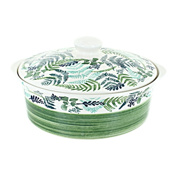 Blue Rose Polish Pottery Floating Fern Deep Round Baker with Lid
