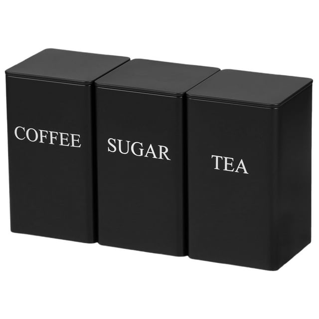 3 Pcs Coffee Tea Sugar Container Set, 3.35x3.35x5.9 Inch,Metal Teas and Coffee Canisters Set with Lids, Black Canisters Sets for Kitchen,Food Storage Container Jars for Kitchen Counter Storage(Black)