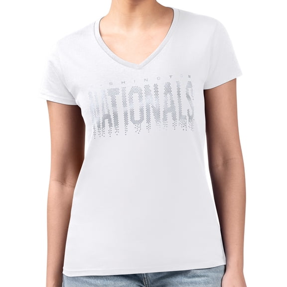 Women's G-III 4Her by Carl Banks White Washington Nationals Metallic Drop Lightweight V-Neck T-Shirt