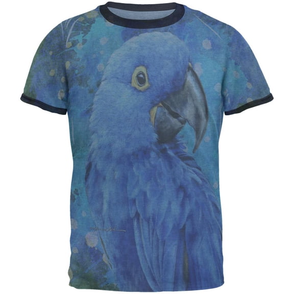 Blue Hyacinth Macaw Splatter Mens Ringer T Shirt Heather Blue-Navy LG
