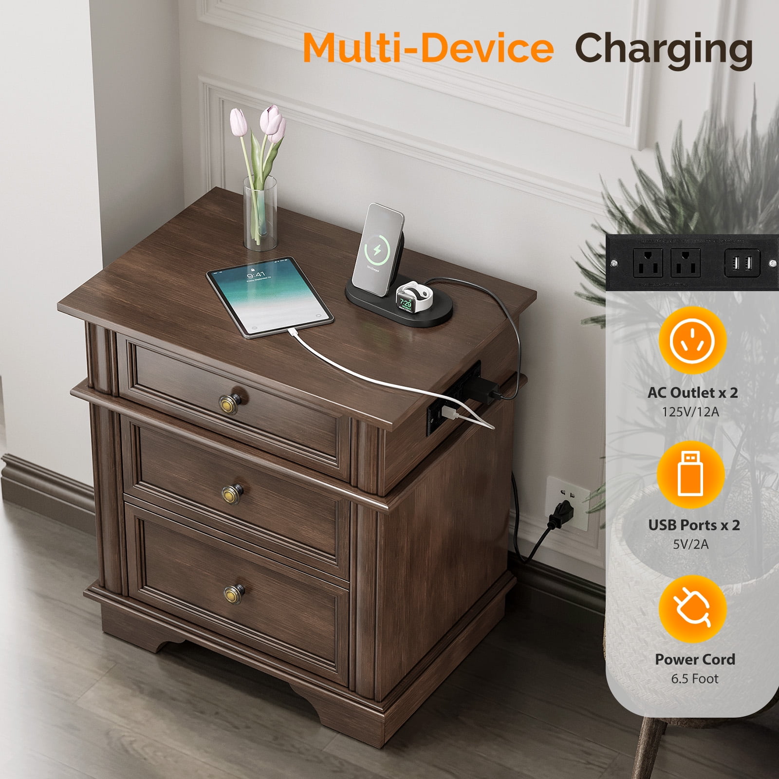 Ktaxon Wooden Nightstand with Outlets & USB Ports, 3 Drawer Traditional Cottage Bedside Table, Brown