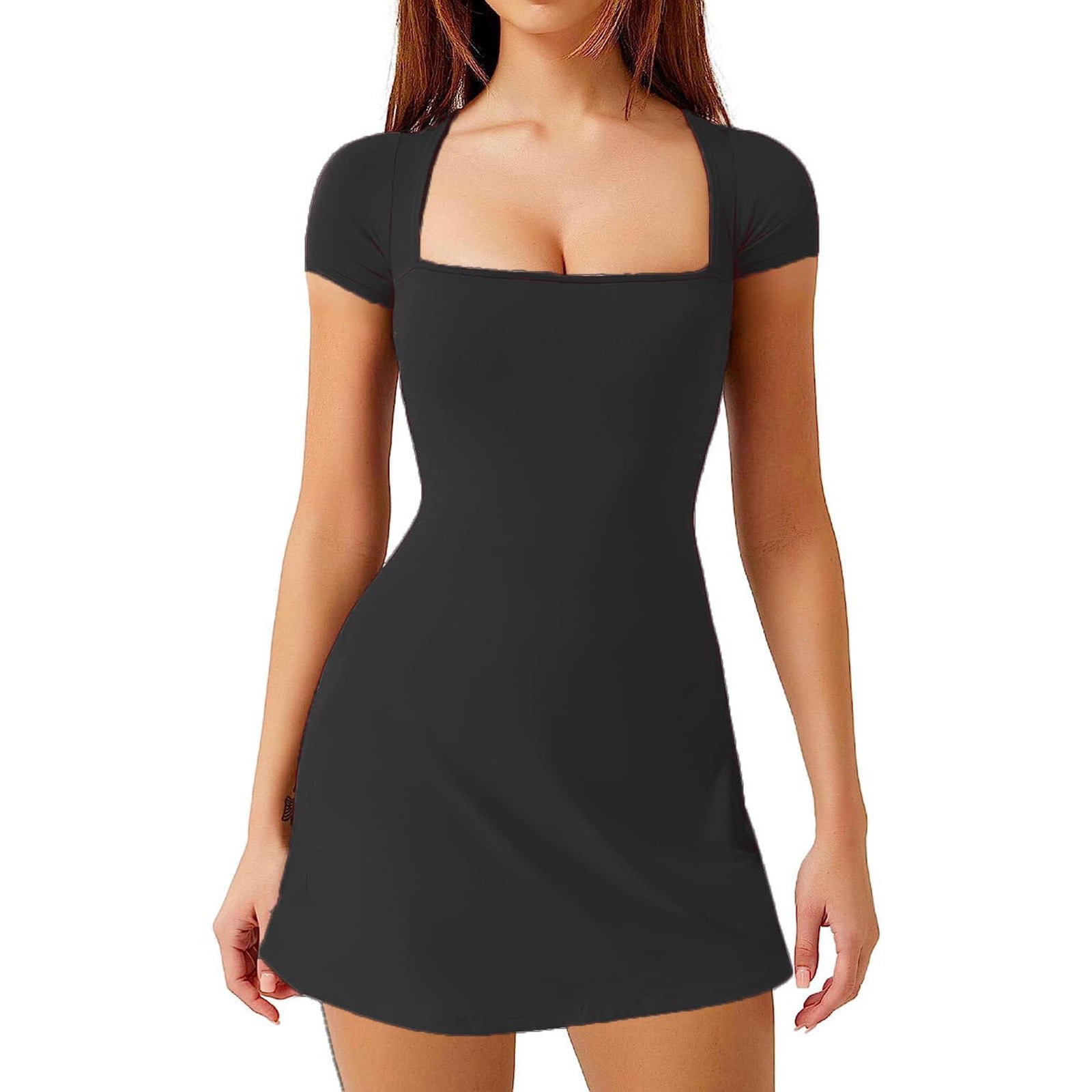 QATAINLAV Vacation Sales! Womens Tennis Dress with Built in Shorts and Bra Spaghetti Straps Athletic Golf Dresses Summer Side Slit Workout Mini Dresses Black S