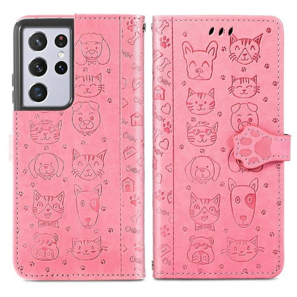 Funda Cartera FOXDOCK para Samsung Galaxy S21 Ultra , Flip PU con Relieve de Gatos y Perros, Tarjetero y Soporte