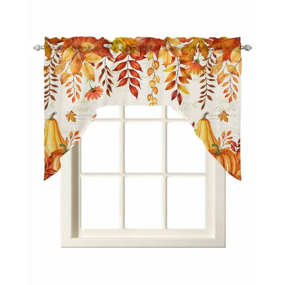 Orange Pumpkins Fall Kitchen Swag Valances for Windows, Thanksgiving Botanical Maple Leaves Falling Swag Valances Curtains for Living Room, Rod Pocket Window Treatments for Bathroom, Bedroom, 56"x36"