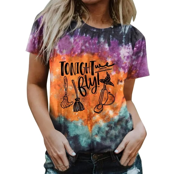 Halloween Shirts for Women T-Shirts Women's Fashion Tie Dye Printed Short Sleeve Loose Top for Everyday Comfort and Style Black S