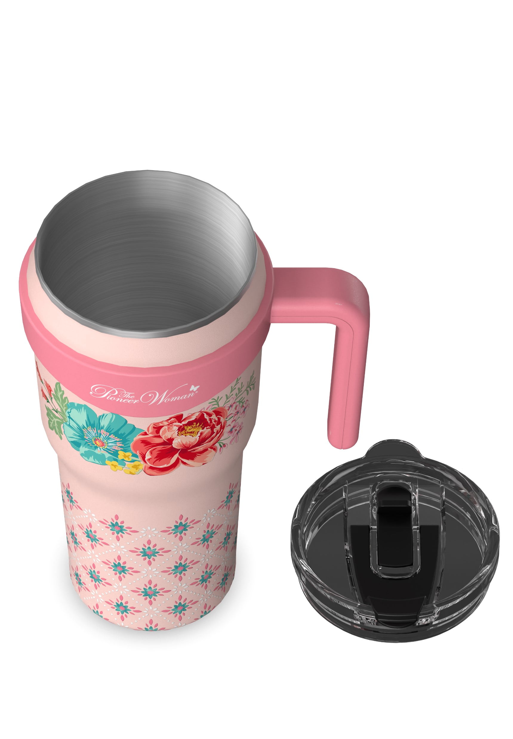 (3 pack) The Pioneer Woman 40 oz Fancy Flourish Stainless Steel Insulated Tumbler, Pink